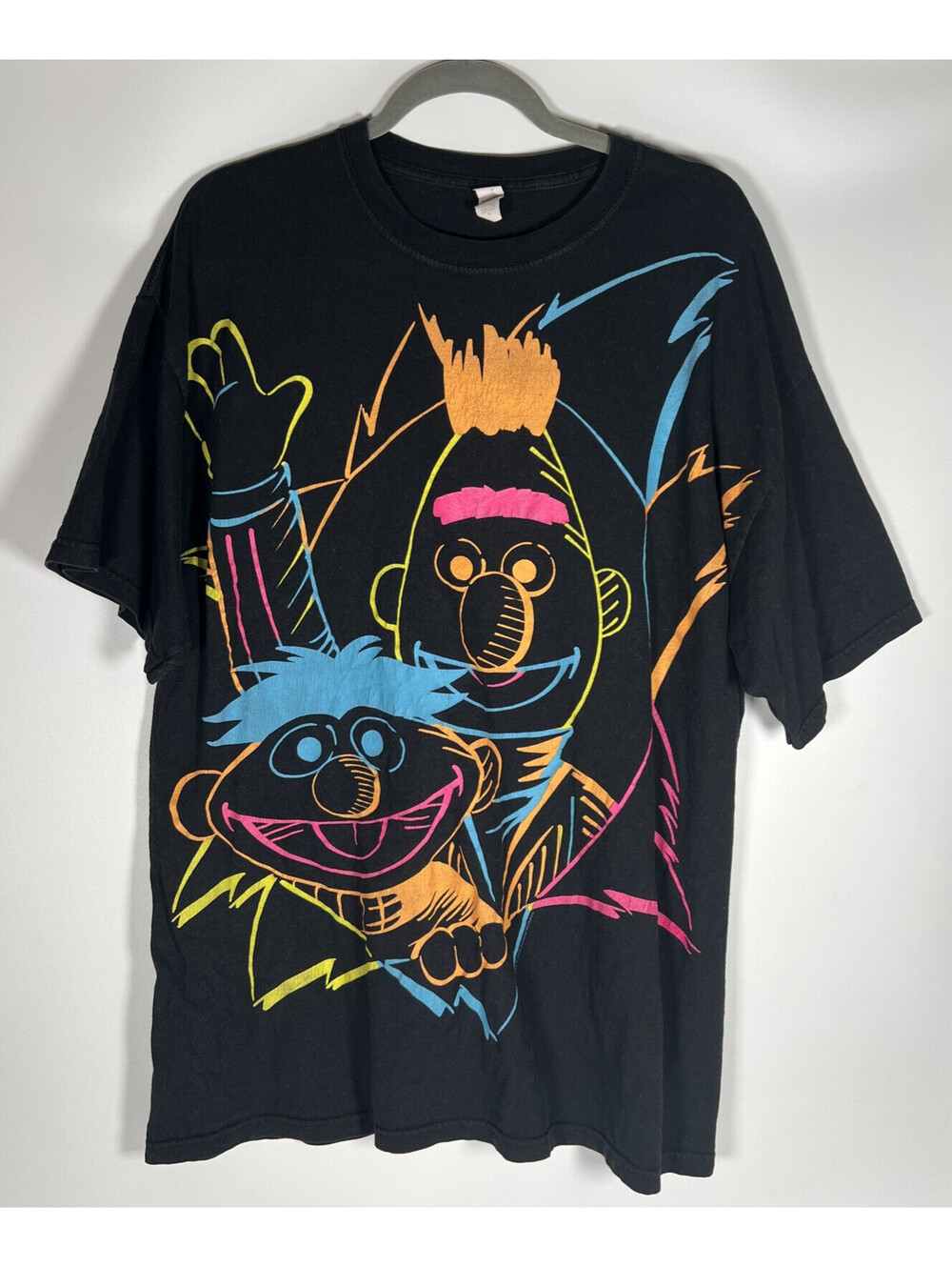 Vintage Sesame Workshop Bert & Ernie Neon Cartoon Draw Out Tee Shirt Men's XL